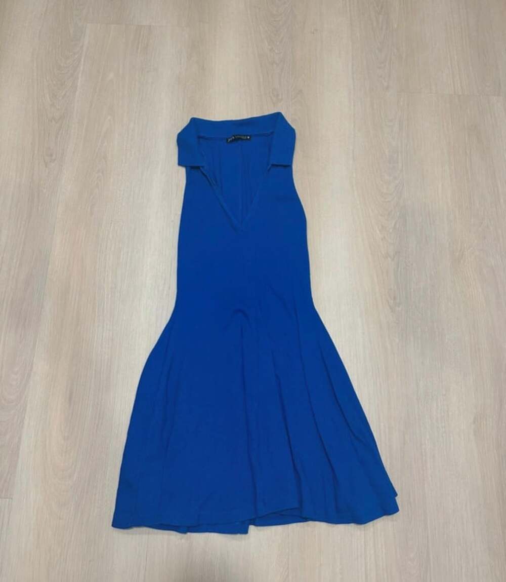 Zara Collared Ribbed Skater Dress Size S Blue